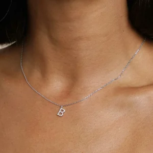 B Initial Pavé Pendant Necklace in Silver
