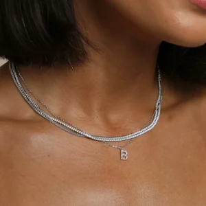 B Initial Pavé Pendant Necklace in Silver