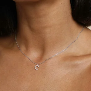 C Initial Pavé Pendant Necklace in Silver