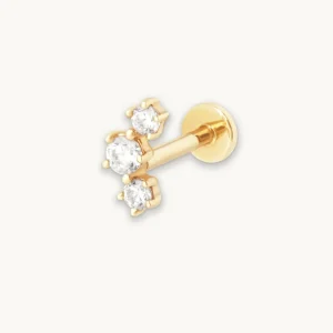 Curved Crystal Piercing Stud in Solid Gold