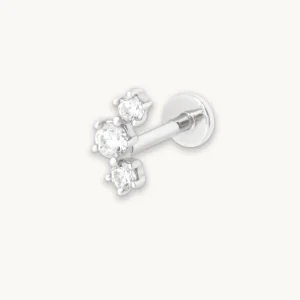 Curved Crystal Piercing Stud in Solid White Gold
