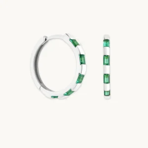 Emerald Baguette Hoops in Solid White Gold