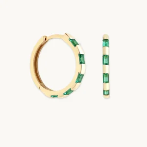 Emerald Baguette Hoops in Solid Gold