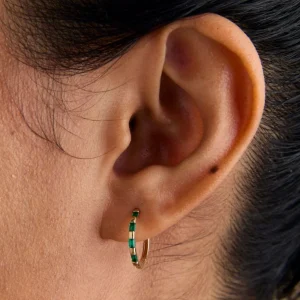 Emerald Baguette Hoops in Solid Gold