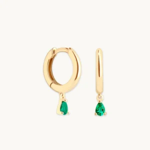 Emerald Pear Charm Huggies in Solid Gold