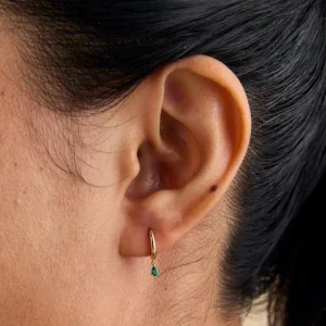 Emerald Pear Charm Huggies in Solid Gold