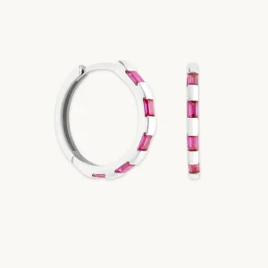 Pink Sapphire Baguette Hoops in Solid White Gold