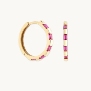 Pink Sapphire Baguette Hoops in Solid Gold