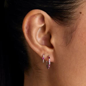 Pink Sapphire Baguette Hoops in Solid White Gold