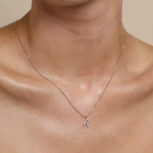 R Initial Pavé Pendant Necklace in Gold