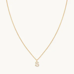 S Initial Pavé Pendant Necklace in Gold