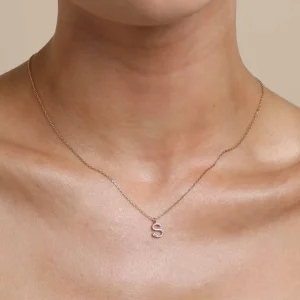 S Initial Pavé Pendant Necklace in Gold