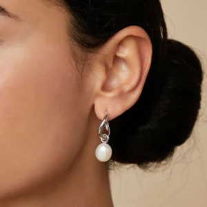 Serenity Pearl Charm Hoops in Silver