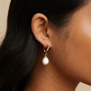 Serenity Pearl Charm Hoops in Gold