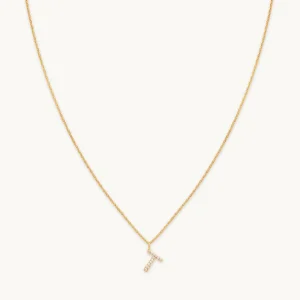 T Initial Pavé Pendant Necklace in Gold