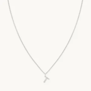 T Initial Pavé Pendant Necklace in Silver