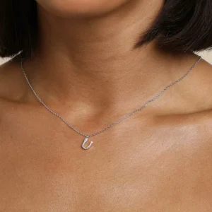 U Initial Pavé Pendant Necklace in Silver