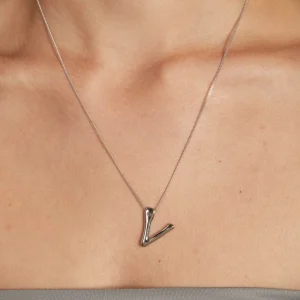 V Initial Bold Pendant Necklace in Silver